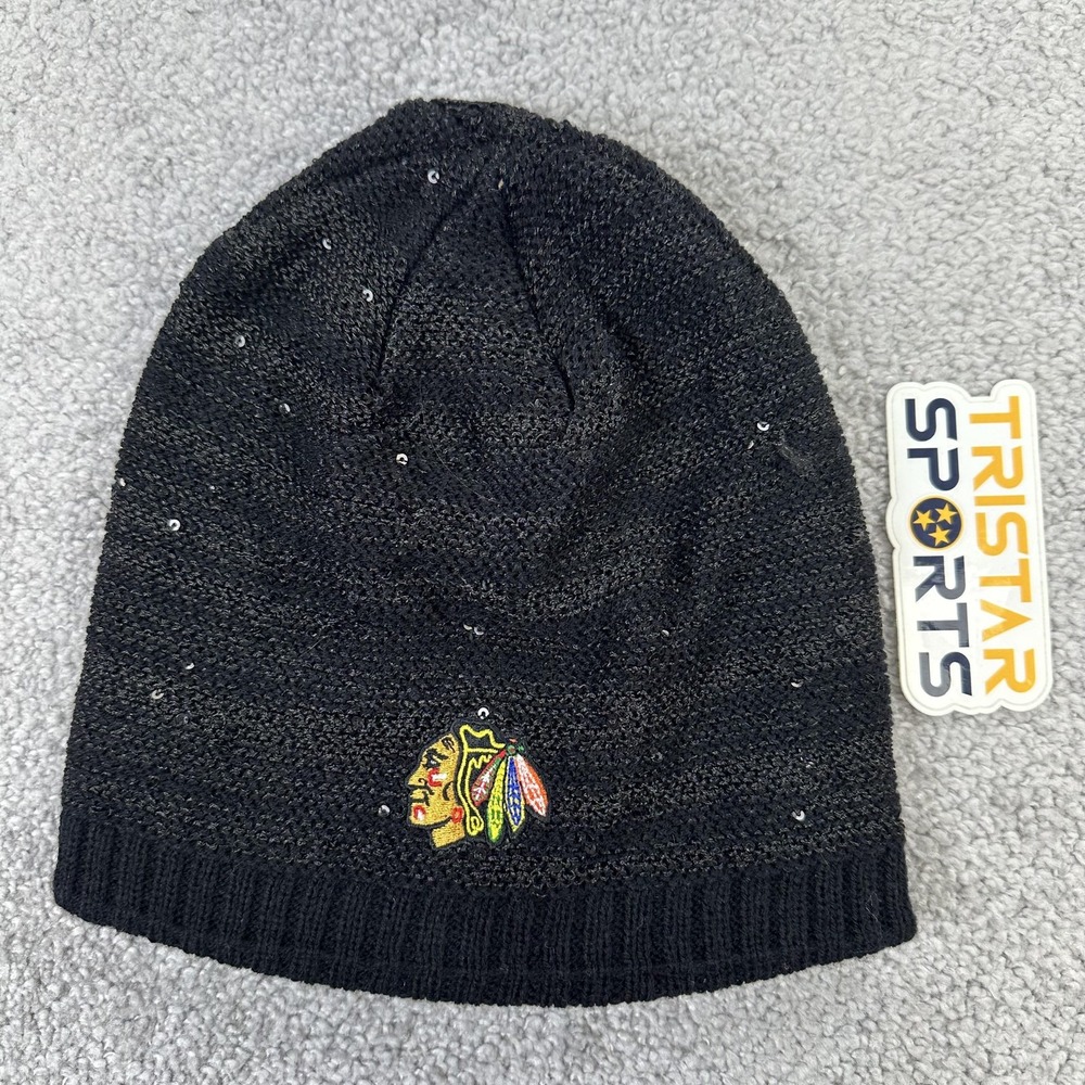 Chicago Blackhawks Hat Beanie Women One Size Black NHL Hockey Adidas Sequin Knit